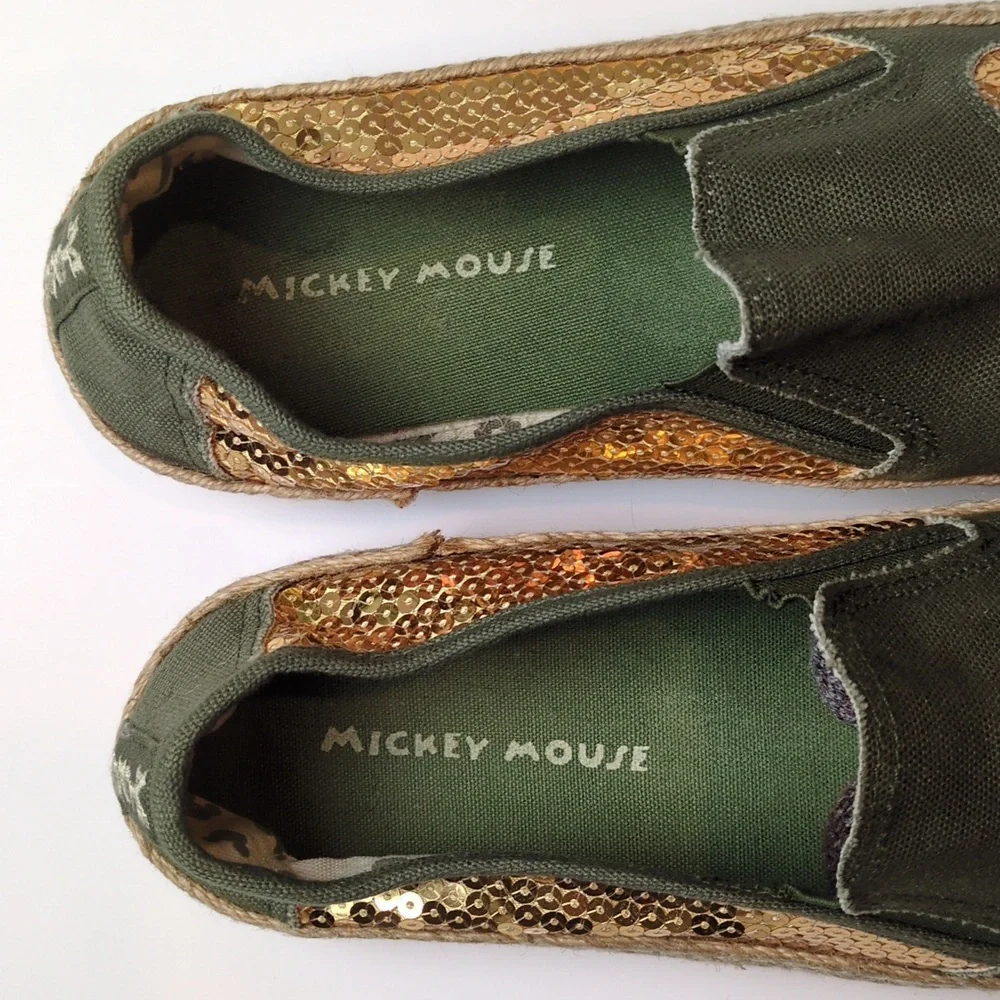 Disney Mickey Mouse Women's Olive Green Gold Sequin Espadrille Slip On Shoes 10